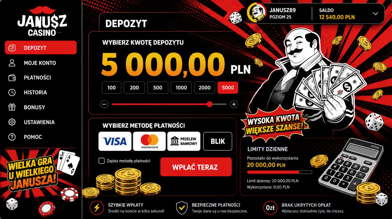 wysokie limity wpłat, ikony kart i banku, motyw kasyna Polska