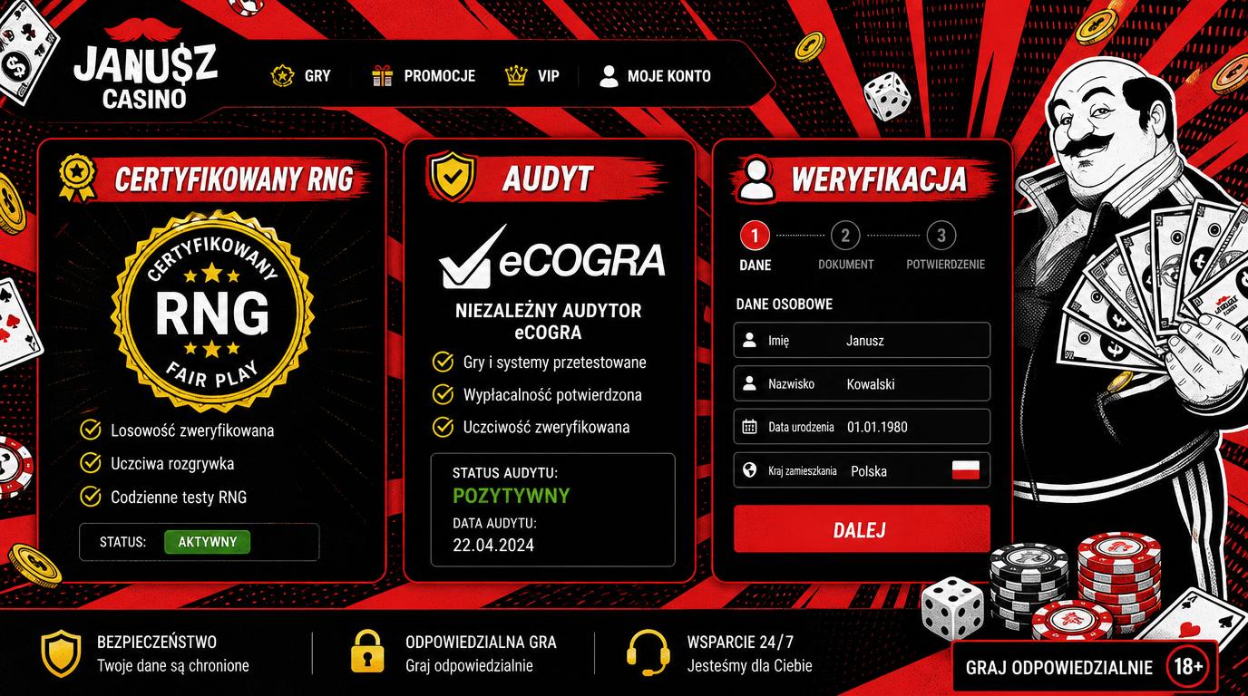 Panel z certyfikatem i napisem RNG, formularz weryfikacji gracza w Janusz Casino