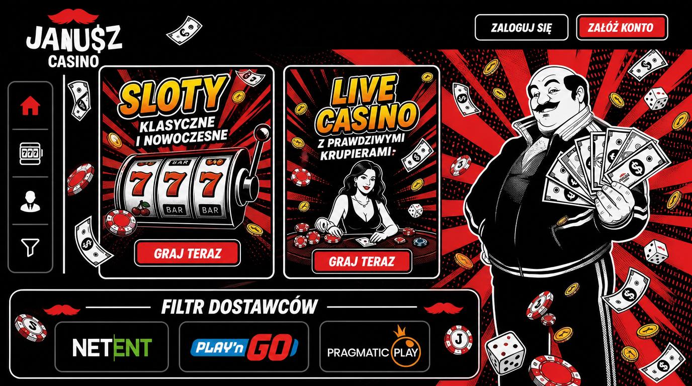 Lobby gier z ikonami slotów i live dealerów oraz filtrami